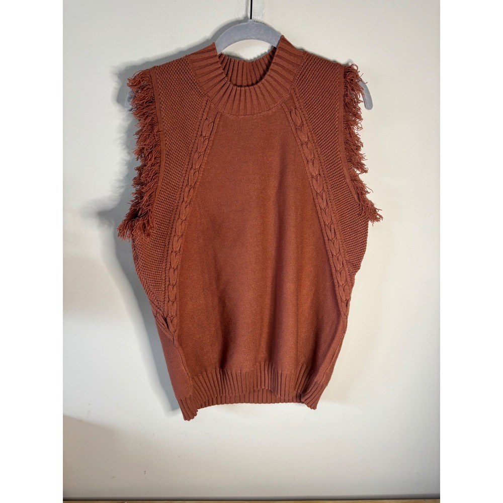 Cider Coffee Brown Fringe Trim‎ Cable Knit Sweater Vest Mock Neck G3P537 Large